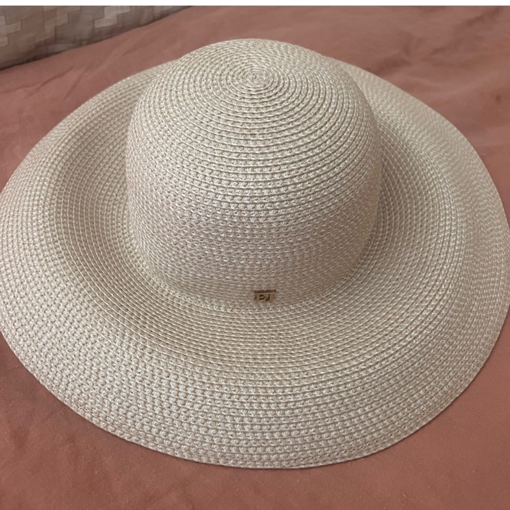 Eric Javits Natural Straw Wide-Brim Sun Hat with Gold Logo - Picture 2 of 5